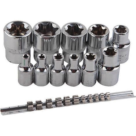 Jeu de 11 douilles Torx femelles avec rail, E4 à E20, en acier allié. (1/4)