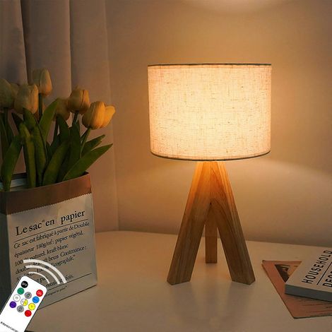 Dreibein-Tischleuchte aus Holz mit Stoffschirm, einstellbare Farbtemperatur, Nachttischlampe fürs Schlafzimmer