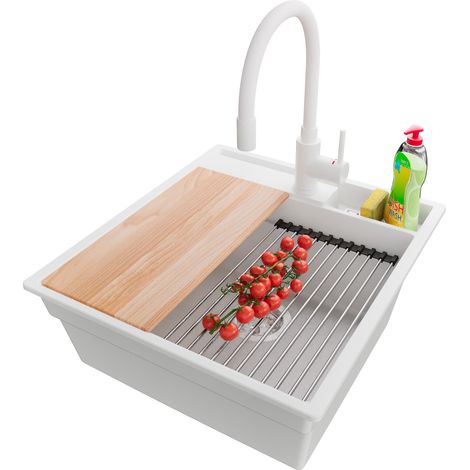 PRIMAGRAN Evier Cuisine en Granit 48x53cm,Lavabo 1 bac + Robinet 38x14cm + Kit de Vidage + Accessoires, Évier à Encastrer au meuble 50cm - Oslo Pocket, Blanc (1/5)