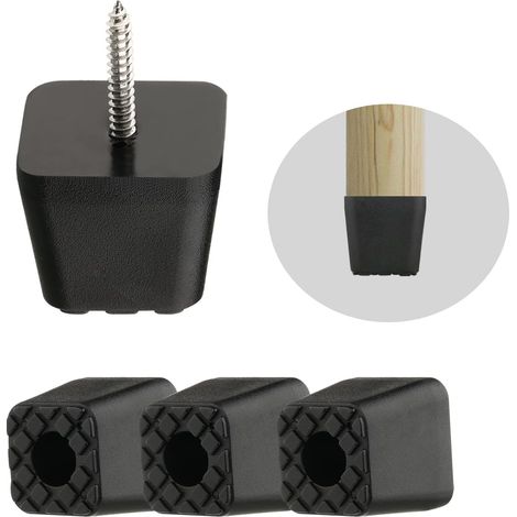 Schwarze Möbelfüße, die Möbel perfekt vor dem Boden schützen. Quadratische elastische Gummifüße. Schutzfüße 4 mit Schrauben, Schwarz, 3 x 3 x 3 cm