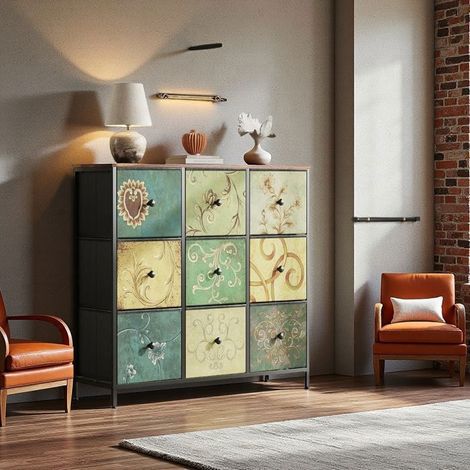 Comò Vintage - 9 Cassetti - Motivi Floreali - Legno Rovere Naturale - Acciaio Robusto