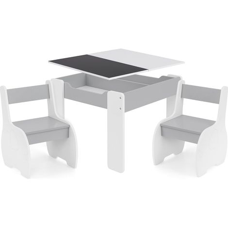 GOPLUS Table Enfant avec Chaise pour 3-6 Ans, 4-en-1 Table d'Activités avec Plateau Rabattable à Double Face, Tableau Noir, Dossier Ergonomique, Petite Table pour Jouer, Manger, Dessiner (Gris) (1/5)