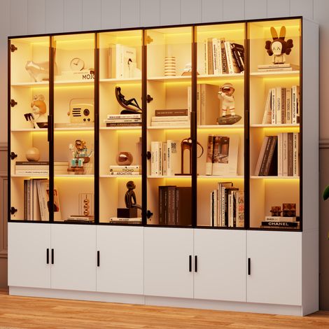 Vetrina alta 120x32x200 cm con 6 ante in vetro, illuminazione LED controllata tramite app, MDF bianco 2 PZ (1/5)