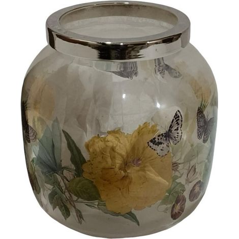 Flower Vase with Metal Rim - Glass - L7 x W7 x H13 cm
