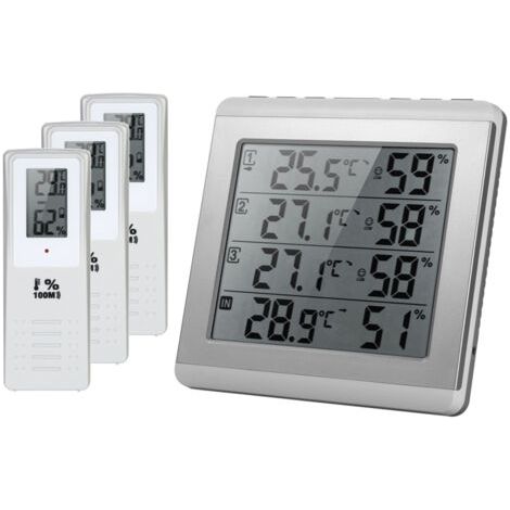 Thermomètre-hygromètre numérique sans fil LCD pour intérieur/extérieur, quatre canaux °C/°F, avec 3 émetteurs extérieurs et niveau de confort. (1/5)