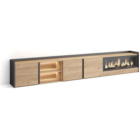 Mueble TV Benahavís-02 de 315x50x35 cm con chimenea y luces LED, color roble y negro (1/4)