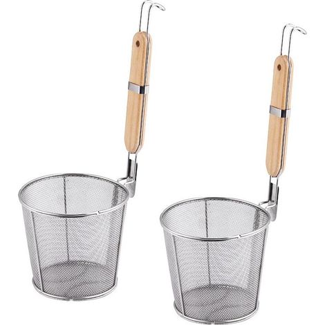 Set aus 2 Nudelsieben aus Edelstahl mit Holzgriffen, ideal zum Kochen von Speisen, Spaghetti und Knödeln (14 cm Durchmesser) (1/5)