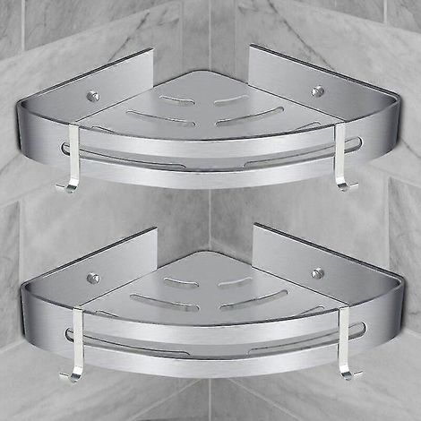Étagère d'angle de douche, étagère de salle de bain sans perçage, panier de rangement pour douche, étagère murale en aluminium, deux pièces, boîte de rangement argentée (2 pièces) (1/5)