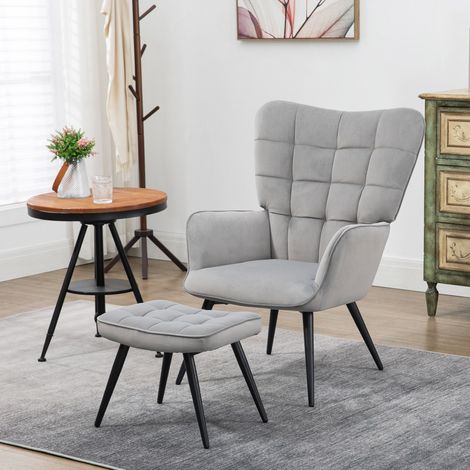 Ohrensessel mit Hocker 73x77.5x98 cm hellgrau Stahl mit hoher Rückenlehne und weicher Polsterung (1/5)