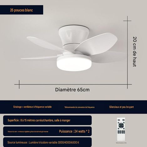 Ventilateur de plafond LED 25 pouces 65 cm avec télécommande, moteur DC silencieux, 6 vitesses, éclairage 3 couleurs, minuterie, plafonnier moderne, Blanc (1/5)