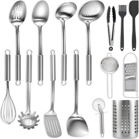 15 utensili da cucina in acciaio inox, spatola in silicone, mestolo, frusta, contenitori per la cucina (1/5)