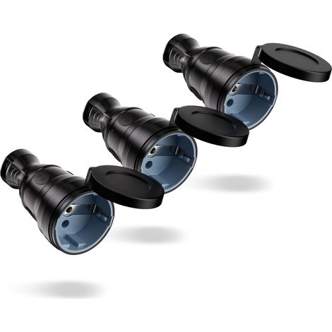 Lot de 3 Prise Femelle Schuko, 250 V/16 A Contact de Protection, Prise Extérieure IP44 étanche avec Protection Anti-torsion et décharge de Traction, En Caoutchouc et Plastique, Noir (1/5)