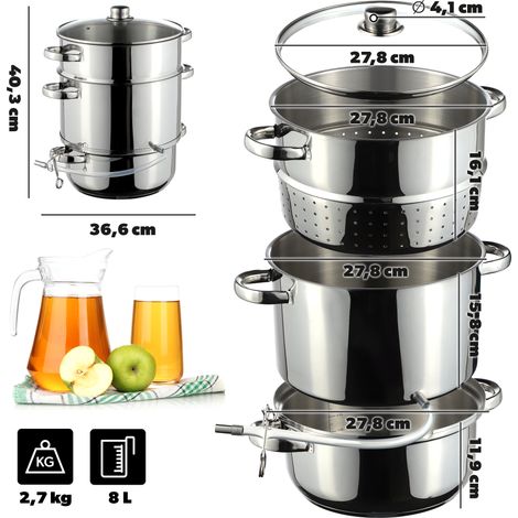 KADAX Dampfentsafter, 8L Fruchtentsafter aus Edelstahl mit Glasdeckel, Spülmaschinengeeigneter Entsa