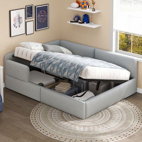 Lit banquette adulte 140x200 cm lit coffre avec rangement sous le lit et protection latérale, velours côtelé gris (1/5)