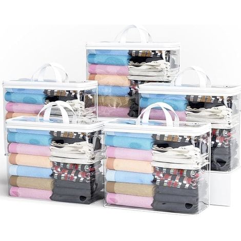 Lot de 5 sacs de rangement en tissu avec fermeture éclair - sacs de rangement transparents, parfaits pour ranger vêtements, linge de lit et jouets. Blanc (1/5)