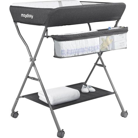 Table à langer pour bébé avec roues, station à langer pliante portable à hauteur réglable avec organiseur de pépinière et support de rangement pour nouveau-né et nourrisson (gris foncé) (1/5)