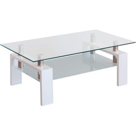 Home Heavenly®- Mesa de centro Kendra de madera y cristal templado anti-roturas, líneas sobrias, diseño lineal minimalista  Color: Blanco (1/4)