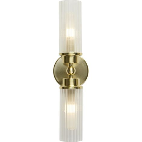 [NEUWERTIG] B-Ware Searchlight Wandleuchte Imperial messing LED Wandlampe dimmbar IP44 Stahl Glas