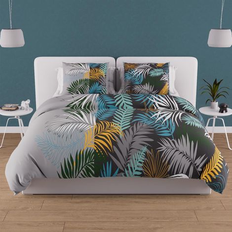 Parure Housse de Couette en Coton 57 Fils 240x220 cm Jungle Bleu (1/5)