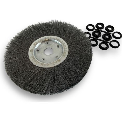 Brosse circulaire ACIER Ø 300 mm Epaisseur 1 rang Fil dur 0.30 mm ondulé Alésage 32 mm + réducteur bague 25/22/20/16/12 mm Touret meuleuse affûteuse ponceuse Kibros 211301AT (1/5)