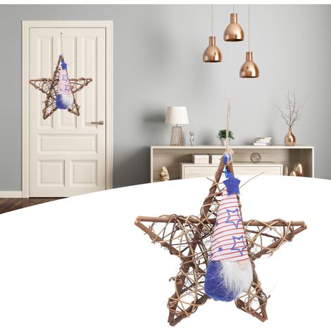 Couronne de porte pour la fête de l'indépendance américaine, poupée sans visage, étoile à cinq branches en rotin, décoration murale, style C (1/5)