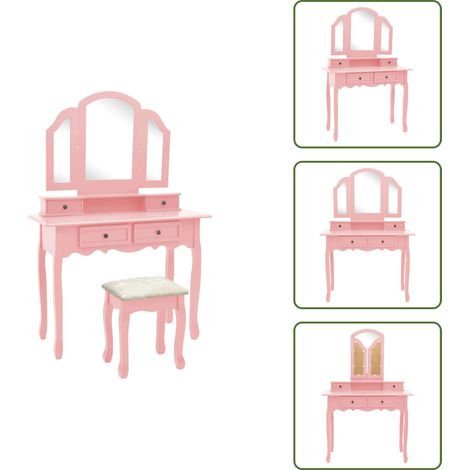 Ensemble de coiffeuse et tabouret Rose 100x40x146 cm Paulownia - Table De Maquillage - Coiffeuse - Meuble De Salle De Bain - Mobilier Féminin - Miroir