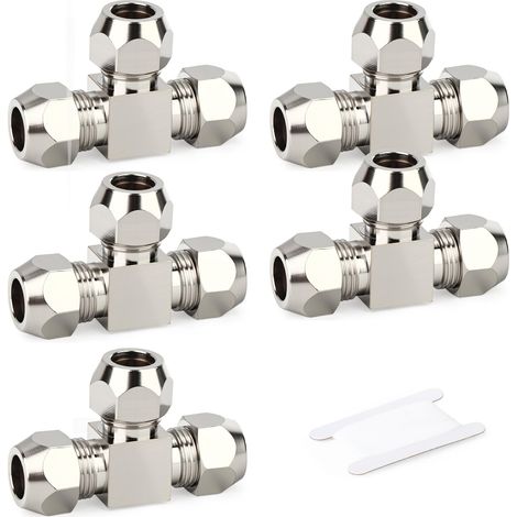 GASHER 5pièces Laiton Nickel Plated Compression Tee Raccord 8mm, T Type 3 Way Tube Raccord for Industriel, Garden and Household Plumbing Tuyau Connection (1/4)