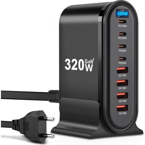 USB-C-Ladegerät – 320 W – 8 Anschlüsse – Schnellladegerät – USB-Ladegerät für iPhone, iPad Pro, MacBook, Samsung-Mobiltelefone (1/5)