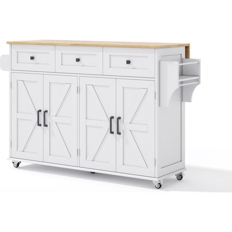 Îlot de cuisine avec plateau rabattable blanc en MDF 140x43(70)x90,5 cm - 5 roulettes verrouillables, 4 portes, 3 tiroirs (1/5)