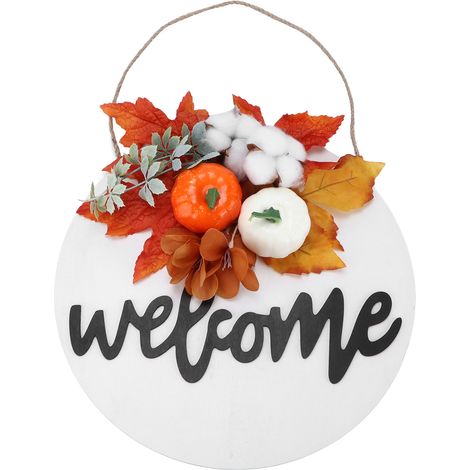 Rundes Türschild aus Holz im Landhausstil, Willkommensschild für die Haustür, Dekoration für Halloween und Weihnachten, Ahornblatt, Baumwolle (1/5)