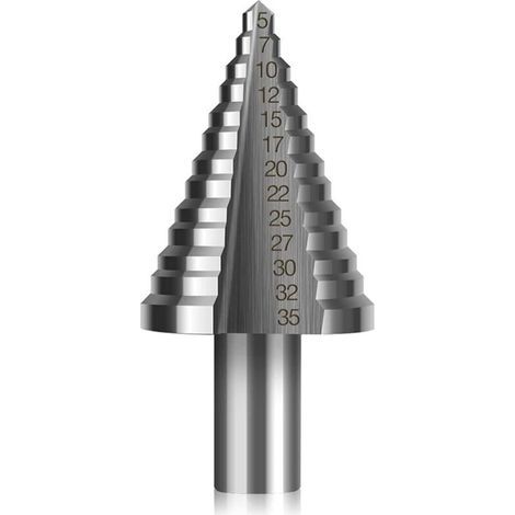 Foret Fraise Meche Etage HSS, Vakki Foret Étagé Fraise Conique à Double Fente (5mm-35mm) avec Revêtement Titane, Solide, Parfait Pour Visseuse Percage sur Acier Bois, Plastique, Laiton, Aluminium, PVC (1/5)