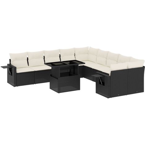 Salon de jardin 11 pcs avec coussins noir résine tressée (1/5)