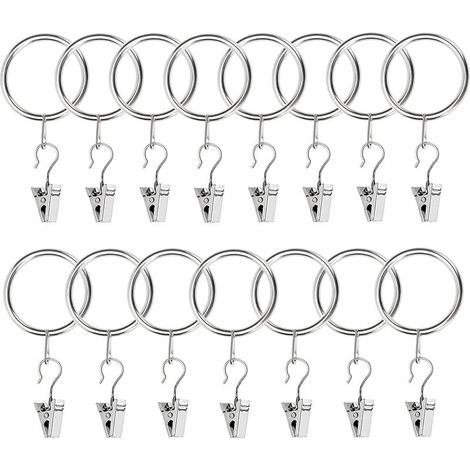 15 Pièces Rideau Bague Clips avec Crochet, Anneaux à Pince 32mm Diamètre Intérieur, Acier Inoxydable Métal Anneaux Clip Rideau, Anneaux de Rideau, pour Rideaux et Tringles (Argent)