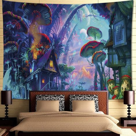 (150 x 200 cm) Wandteppich „Trippy Forest“ mit Pilzdorf-Motiv