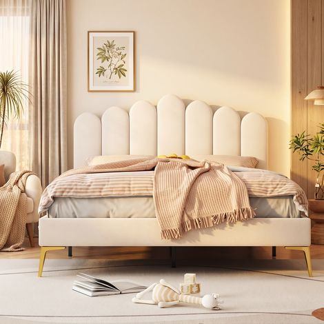 Lit adulte 140x200 cm rembourré chic avec tête de lit réglable et sommier à lattes - lit double en velours beige pour chambre à coucher (1/5)