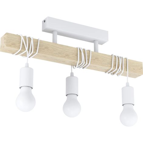 Eglo Plafoniera Townshend, plafoniera vintage a tre punti luce, plafoniera dal design industrial, lampada a sospensione retrò in acciaio e legno, bianco, marrone, E27 (1/5)