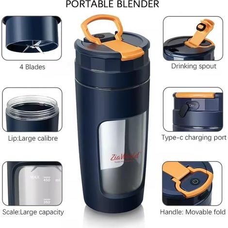 Mini mixeur de voyage portable sans fil rechargeable de 600 ml avec couvercle et bec verseur pour mélanger glaçons et fruits surgelés (bleu) (1/5)