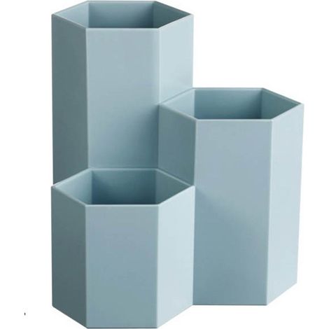 Porte-stylo 3 compartiments hexagonal multifonction seau de rangement pour pinceaux de maquillage sur bureau bleu (1/5)