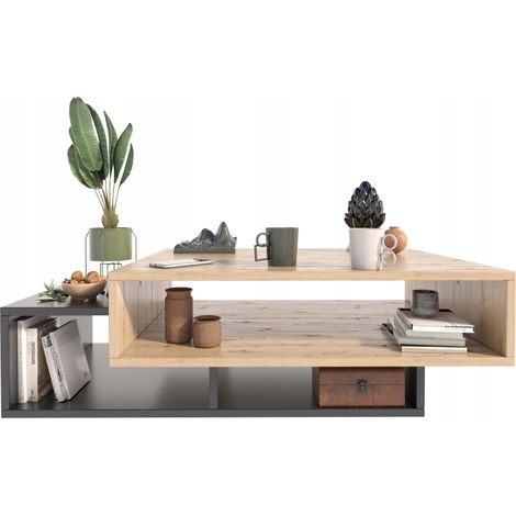 Table Basse SARA - Loft Rétro - 100cm x 50cm x 34cm - Noir et Chêne Artisan (1/5)