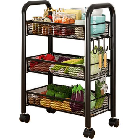 Chariot de rangement roulant, étagères de stockage superposées, paniers polyvalents mobiles pour snacks et légumes, étagère de cuisine noire à trois niveaux (1/5)