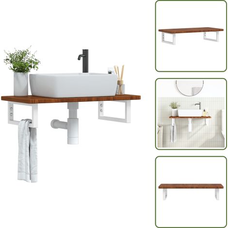 The Living Store Waschtischplatte mit Halterung Stahl und Massivholz Eiche - Wandbefestigung