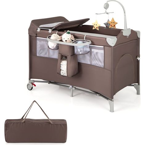 COSTWAY 5-in-1 Portable Pack and Play Foldable Baby Nursery Center-Brown (1/5)