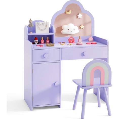 COSTWAY Kids Vanity Table and Chair Set Girls Vanity Set w/ Cloud-shaped Mirror Purple (1/5)