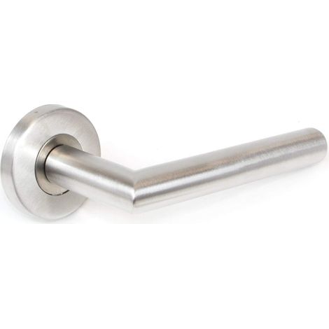 Poignée de porte intérieur, ensemble de poignées de porte avec rosace D.53 mm, Modèle L-R, Acier inoxydable, Nickel satiné. (1/5)
