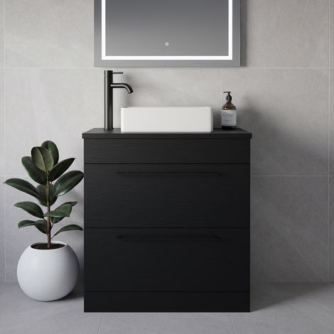 Napoli 390 Nero Oak 800mm 2 Drawer Vanity Unit for Countertop Basins - 800mm - Matt Black 480mm Handle