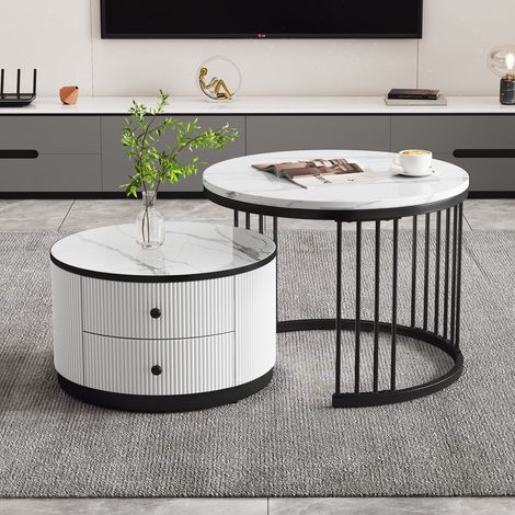 Set di 2 Tavolini da caffè nidificanti 60 cm, rotondi, con 2 cassetti, piano effetto marmo, telaio in metallo, tavolo da salotto in legno - Bianco (1/5)