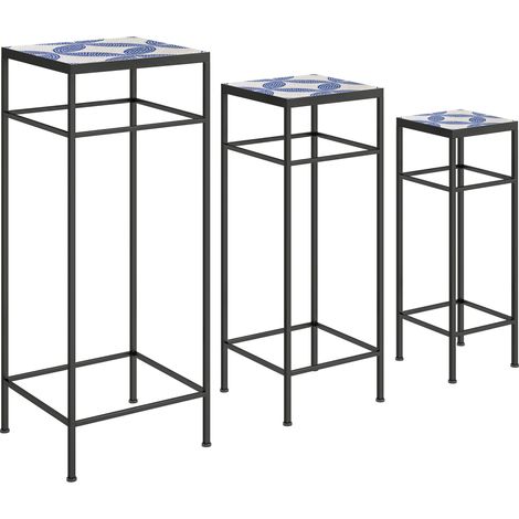 Lot de 3 supports pour plantes en métal bleu et blanc, design mosaïque géométrique, empilables, sans montage, pour salon, balcon et déco intérieure CHICFURN (1/5)