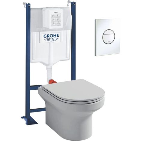 Pack WC suspendu + abattant + Bâti support + Sail Plaque de commande WC rond blanc (1/5)