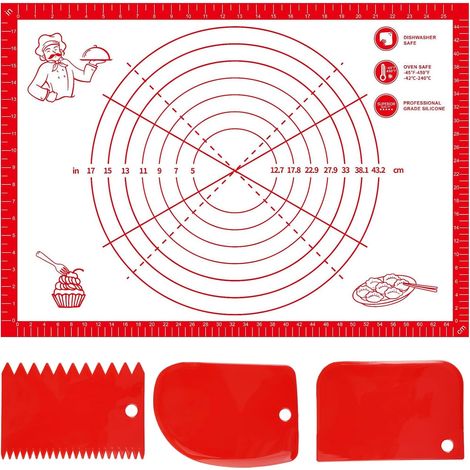 Tapete de silicona antideslizante para hornear con medidas, tapete grande de 70 × 50 cm, tapete de silicona para hornear con 3 espátulas, tapete para amasar galletas, masa de pizza, pan y fondant. (1/5)