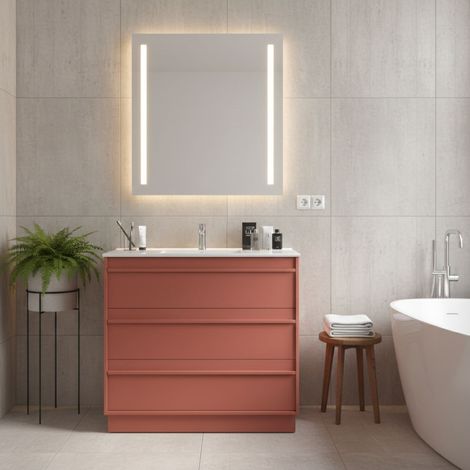 Meuble de salle de bain au sol 100 cm avec lavabo en céramique et 3 tiroirs rouge satiné – Urban (1/5)